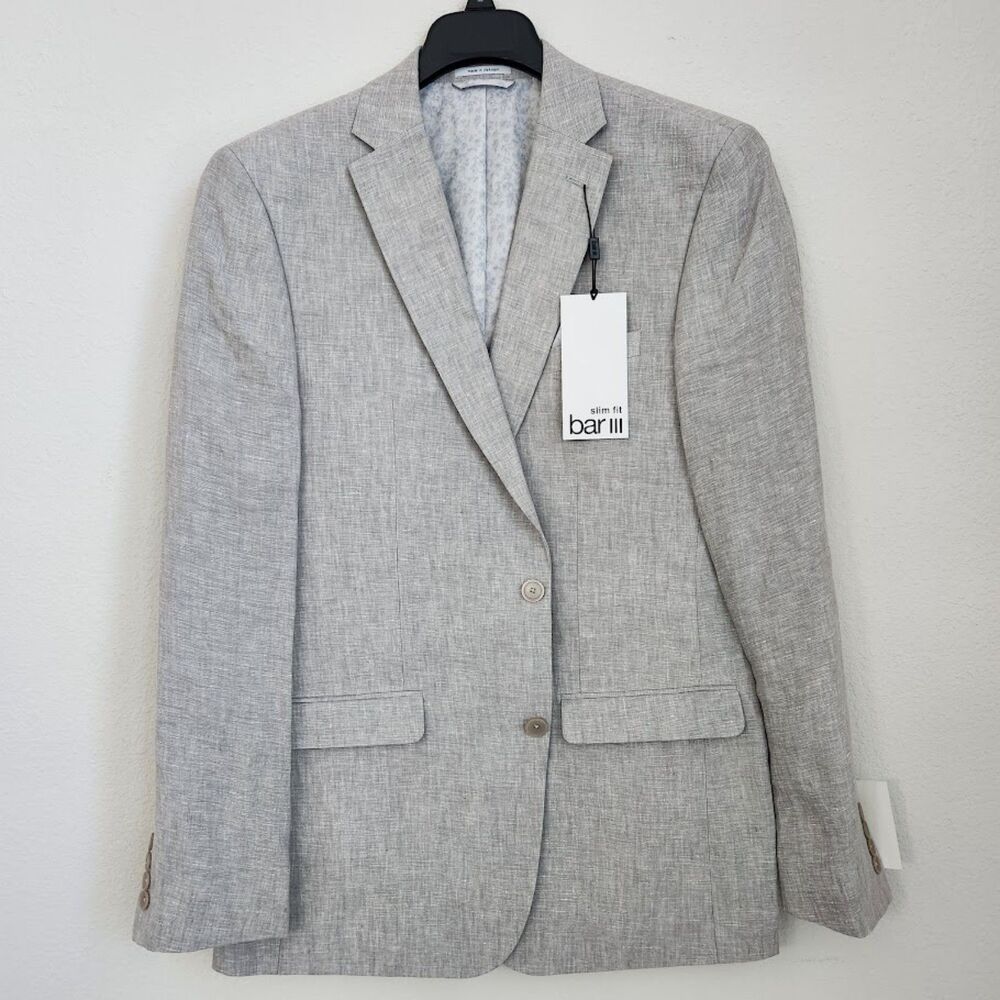 Bar III Slim Fit 100% Linen Blazer – Light Grey, Size 44L (NWT)